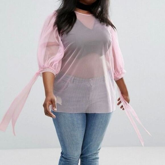 NWT ASOS Curve Sheer Hyper Feminine Mesh Top Puff Bow Sleeve Festival Rave Girly - Picture 1 of 8